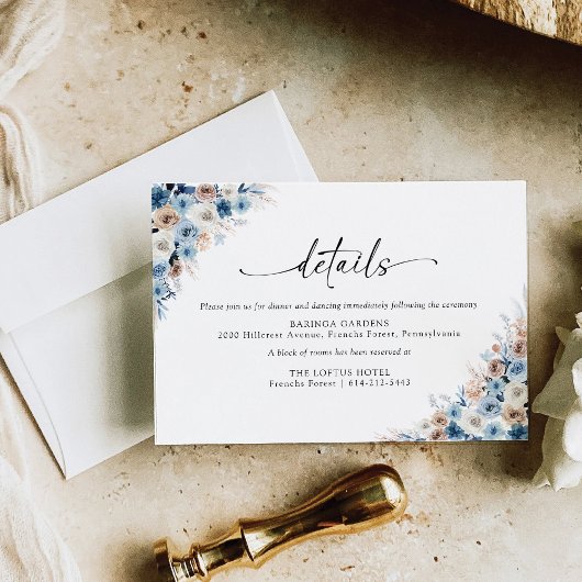 Blue Boho Floral Wedding Details Kaart
