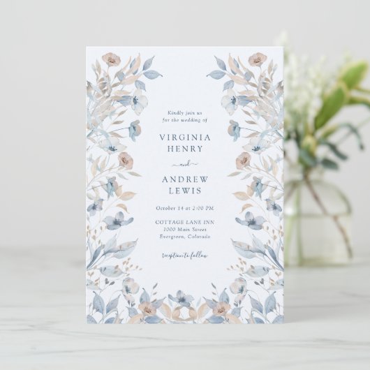 Blue Boho Floral Wedding Kaart (Staand voorkant)