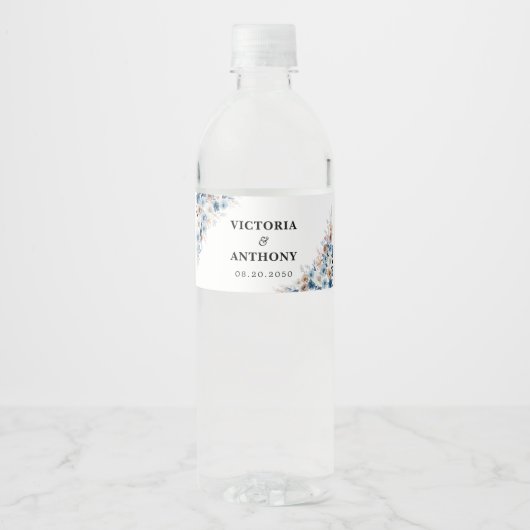 Blue Boho Floral Wedding Water Bottle Label Waterfles Etiket (Voorkant)