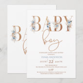 Blue Boho Floral Word Baby Boy Baby shower Kaart (Voorkant / Achterkant)