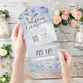 Blue Boho Flowers Feather Rustic Wood Wedding RSVP All In One Uitnodiging