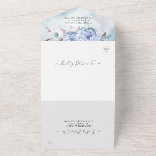 Blue Boho Flowers Feather Rustic Wood Wedding RSVP All In One Uitnodiging (Buitenkant)