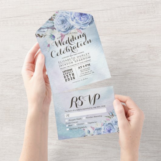 Blue Boho Flowers Feather Rustic Wood Wedding RSVP All In One Uitnodiging (Afscheurbaar)