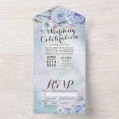 Blue Boho Flowers Feather Rustic Wood Wedding RSVP All In One Uitnodiging (Binnen)