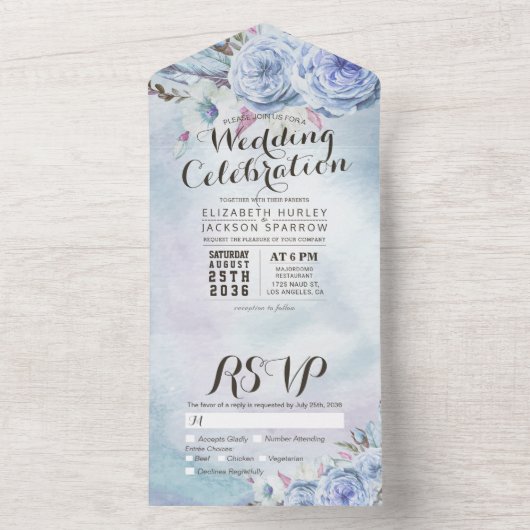 Blue Boho Flowers Feather Rustic Wood Wedding RSVP All In One Uitnodiging (Binnen)