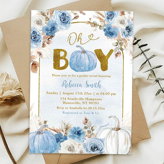 Blue Boho Gold Pumpkin Herfst Oh Boy Baby shower Kaart
