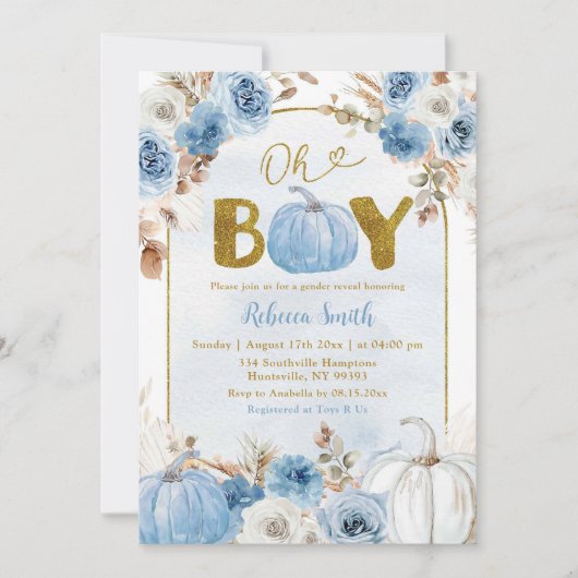 Blue Boho Gold Pumpkin Herfst Oh Boy Baby shower Kaart (Voorkant)