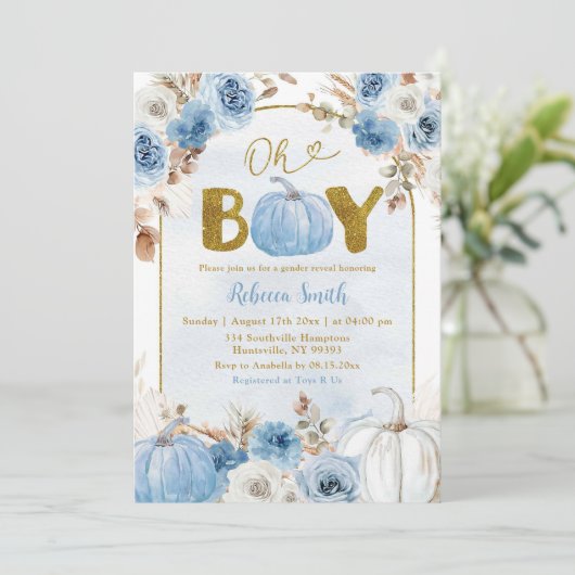 Blue Boho Gold Pumpkin Herfst Oh Boy Baby shower Kaart (Staand voorkant)