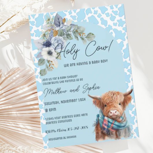 Blue Boho Holy Koe Boy Baby shower Uitnodiging