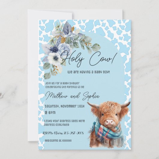 Blue Boho Holy Koe Boy Baby shower Uitnodiging (Voorkant)