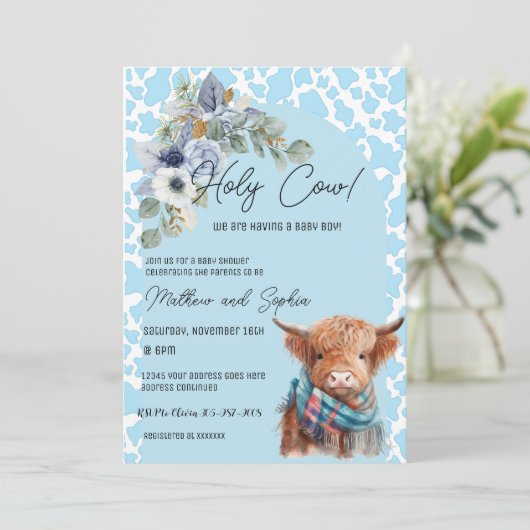 Blue Boho Holy Koe Boy Baby shower Uitnodiging (Staand voorkant)