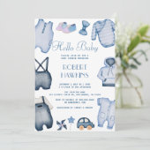 Blue Boho Kleding Jongen Baby shower Uitnodiging (Staand voorkant)