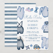 Blue Boho Kleding Jongen Baby shower Uitnodiging (Voorkant / Achterkant)