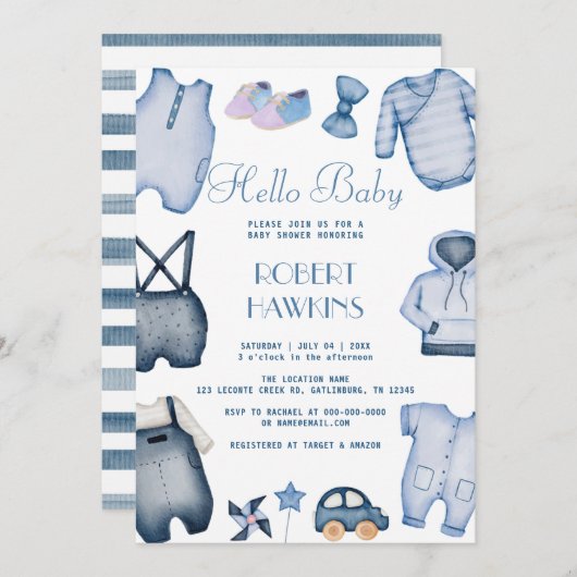 Blue Boho Kleding Jongen Baby shower Uitnodiging (Voorkant / Achterkant)