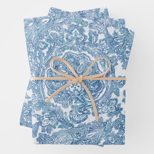 Blue Boho Lace Paisley Pattern Inpakpapier Vel (In situ)
