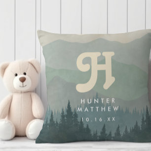 Blue Boho Monogram Mountain & Forest Retro Nursery Kussen