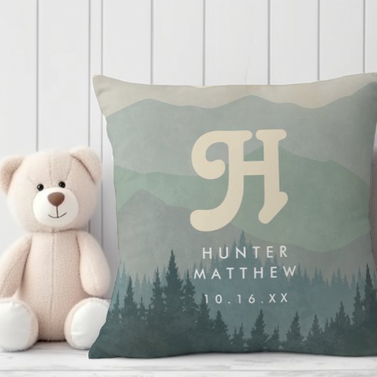 Blue Boho Monogram Mountain & Forest Retro Nursery Kussen