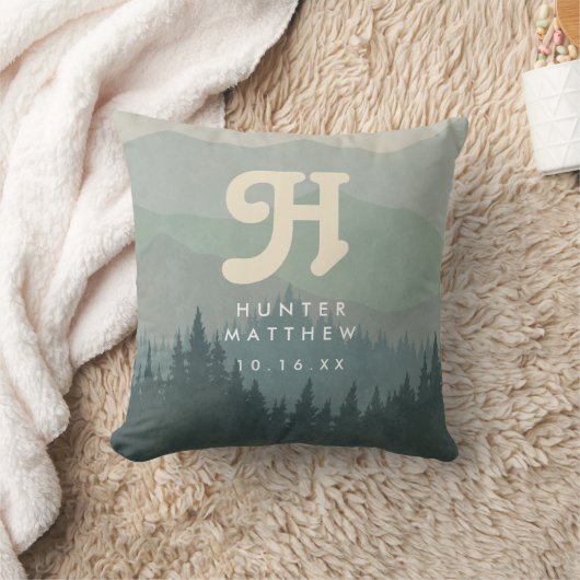 Blue Boho Monogram Mountain & Forest Retro Nursery Kussen (Deken)