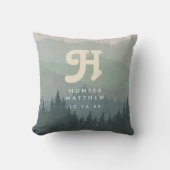 Blue Boho Monogram Mountain & Forest Retro Nursery Kussen (Voorkant)