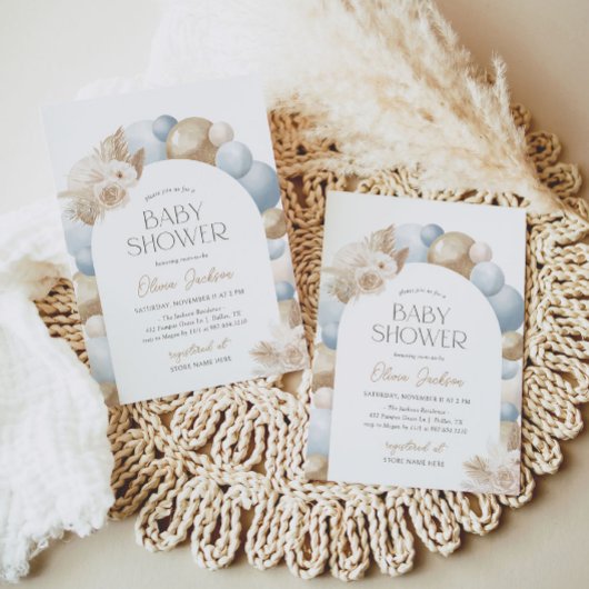 Blue Boho Pampas Grass Arch Boy Baby shower Kaart