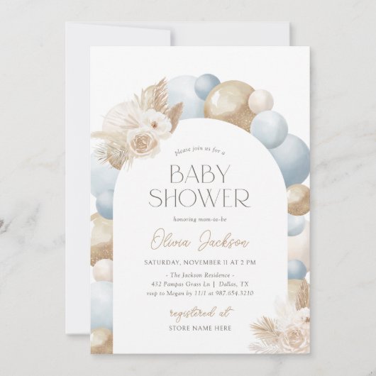 Blue Boho Pampas Grass Arch Boy Baby shower Kaart (Voorkant)