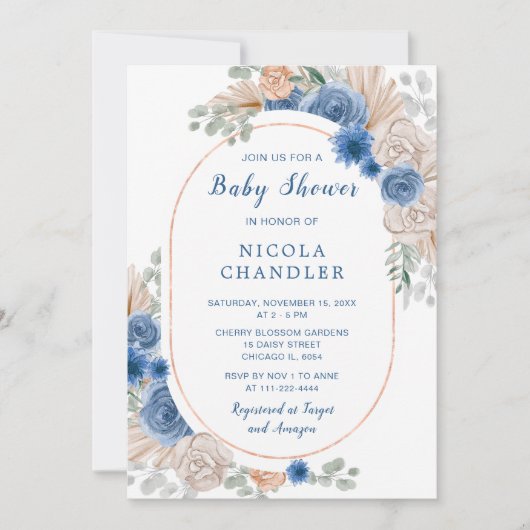 Blue Boho Pampas Grass Baby shower Kaart (Voorkant)