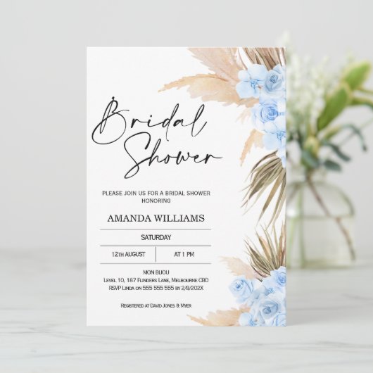 Blue Boho Pampas Grass Bridal Shower Kaart (Staand voorkant)