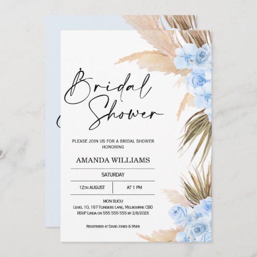 Blue Boho Pampas Grass Bridal Shower Kaart (Voorkant / Achterkant)