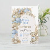 Blue Boho Pampas Grass Teddy Bear Baby shower Kaart (Staand voorkant)