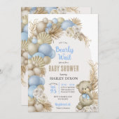 Blue Boho Pampas Grass Teddy Bear Baby shower Kaart (Voorkant / Achterkant)