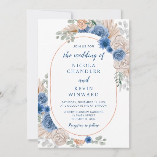 Blue Boho Pampas Grass Wedding Kaart (Voorkant)