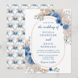 Blue Boho Pampas Grass Wedding Kaart