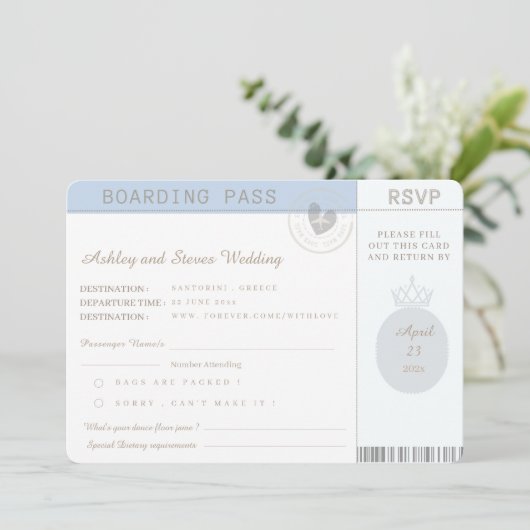 Blue Boho Passport RSVP Bruiloft Kaart (Staand voorkant)