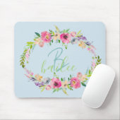 Blue Boho Pastel Floral Name Script Monogram Muismat (Met muis)