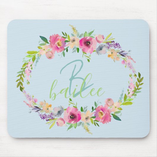 Blue Boho Pastel Floral Name Script Monogram Muismat (Voorkant)