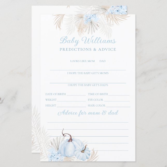 Blue Boho Pompoen Baby Voorspellingsspel (Voorkant / Achterkant)