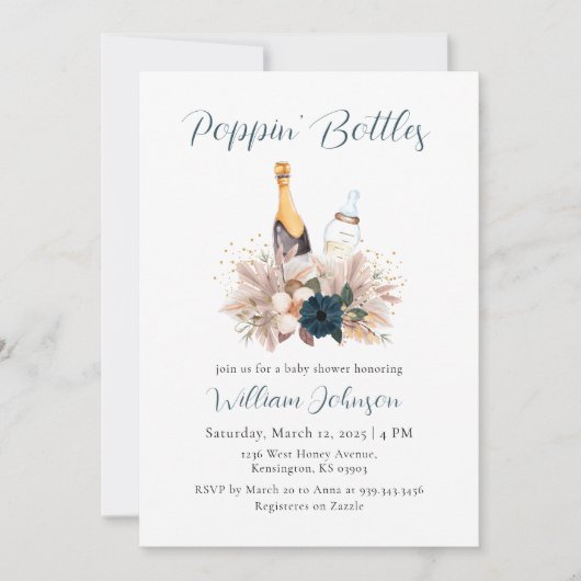 Blue Boho Poppin Bottles Champagne Baby shower Kaart (Voorkant)