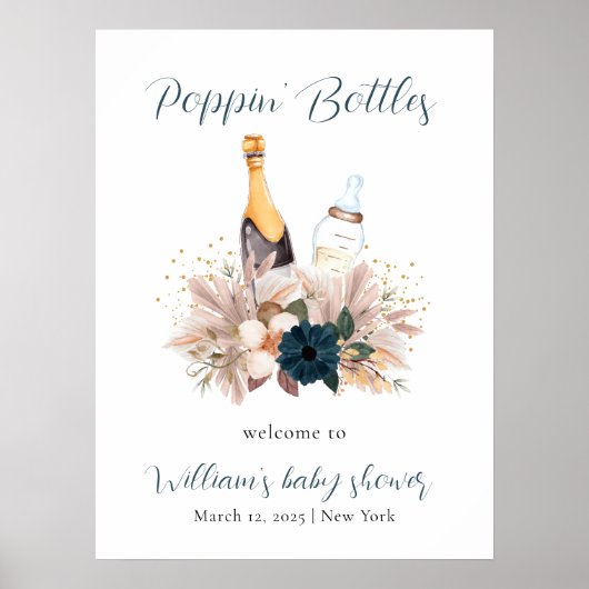 Blue Boho Poppin Champagne Baby shower Welkom Poster (Voorkant)