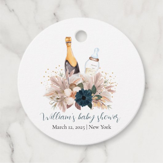 Blue Boho Poppin Champagne Bottles Baby shower Bedankjes Labels (Voorkant)