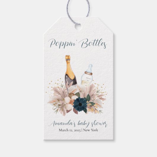 Blue Boho Poppin Champagne Bottles Baby shower Cadeaulabel (Voorkant)