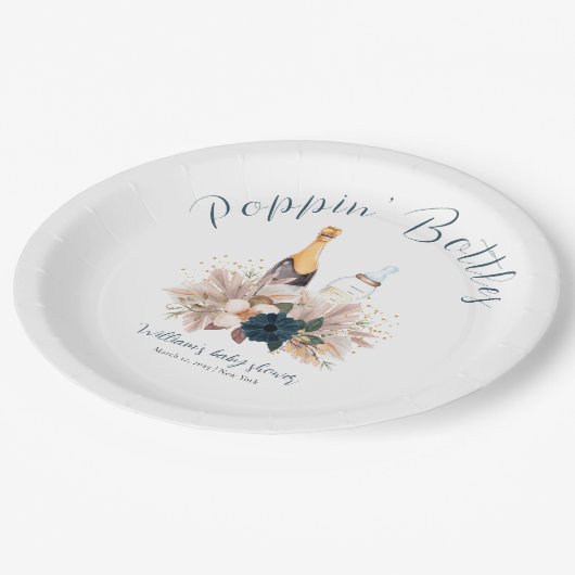 Blue Boho Poppin Champagne Bottles Baby shower Papieren Bordje (Gekanteld)