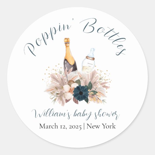 Blue Boho Poppin Champagne Bottles Baby shower Ronde Sticker (Voorkant)