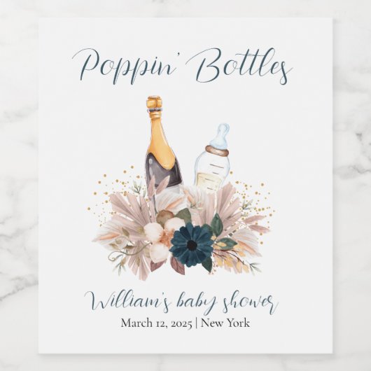 Blue Boho Poppin Champagne Bottles Baby shower Wijn Etiket (Enkel label)