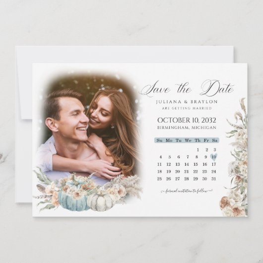 Blue Boho Pumpkins & Dried Floral Calendar & Photo Save The Date (Voorkant)