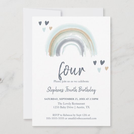 Blue Boho Rainbow 4e verjaardagsfeestje Kaart (Voorkant)