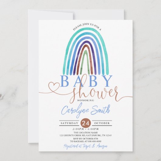 Blue Boho Rainbow Baby shower Invitation Kaart (Voorkant)