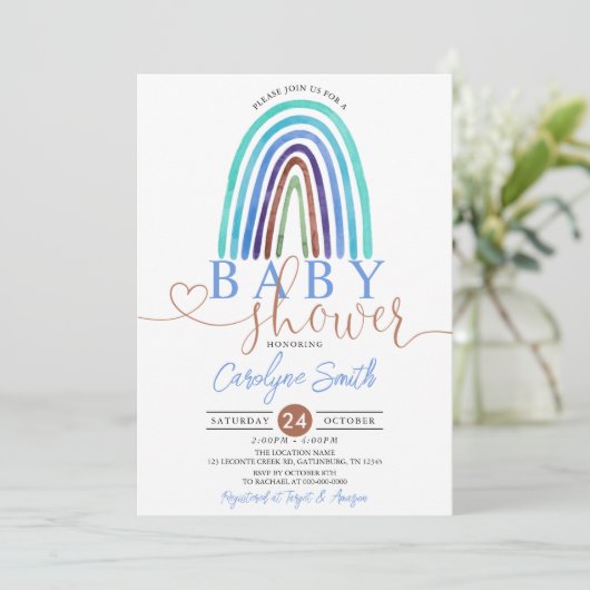 Blue Boho Rainbow Baby shower Invitation Kaart (Staand voorkant)
