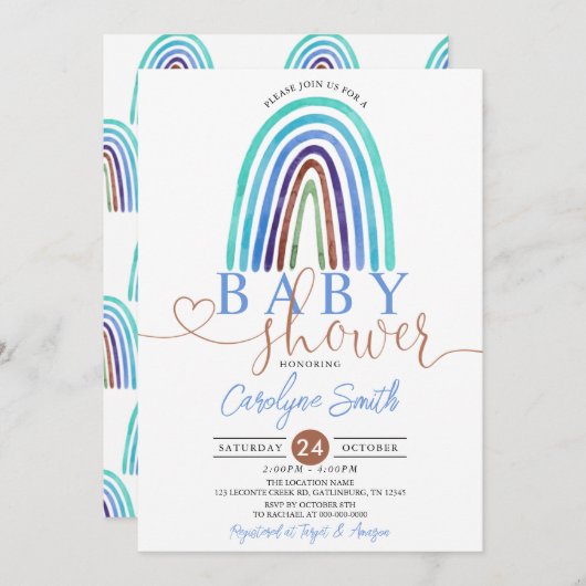 Blue Boho Rainbow Baby shower Invitation Kaart (Voorkant / Achterkant)