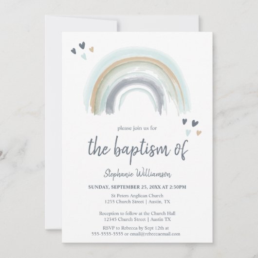 Blue Boho Rainbow Baptism Invitation Kaart (Voorkant)