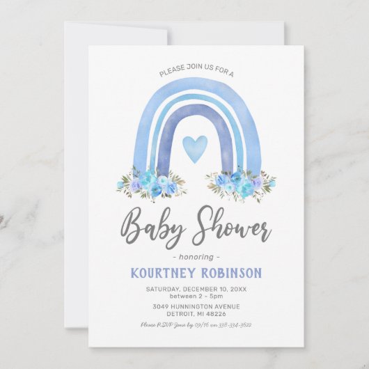 Blue Boho Rainbow Boy Baby shower Uitnodiging (Voorkant)